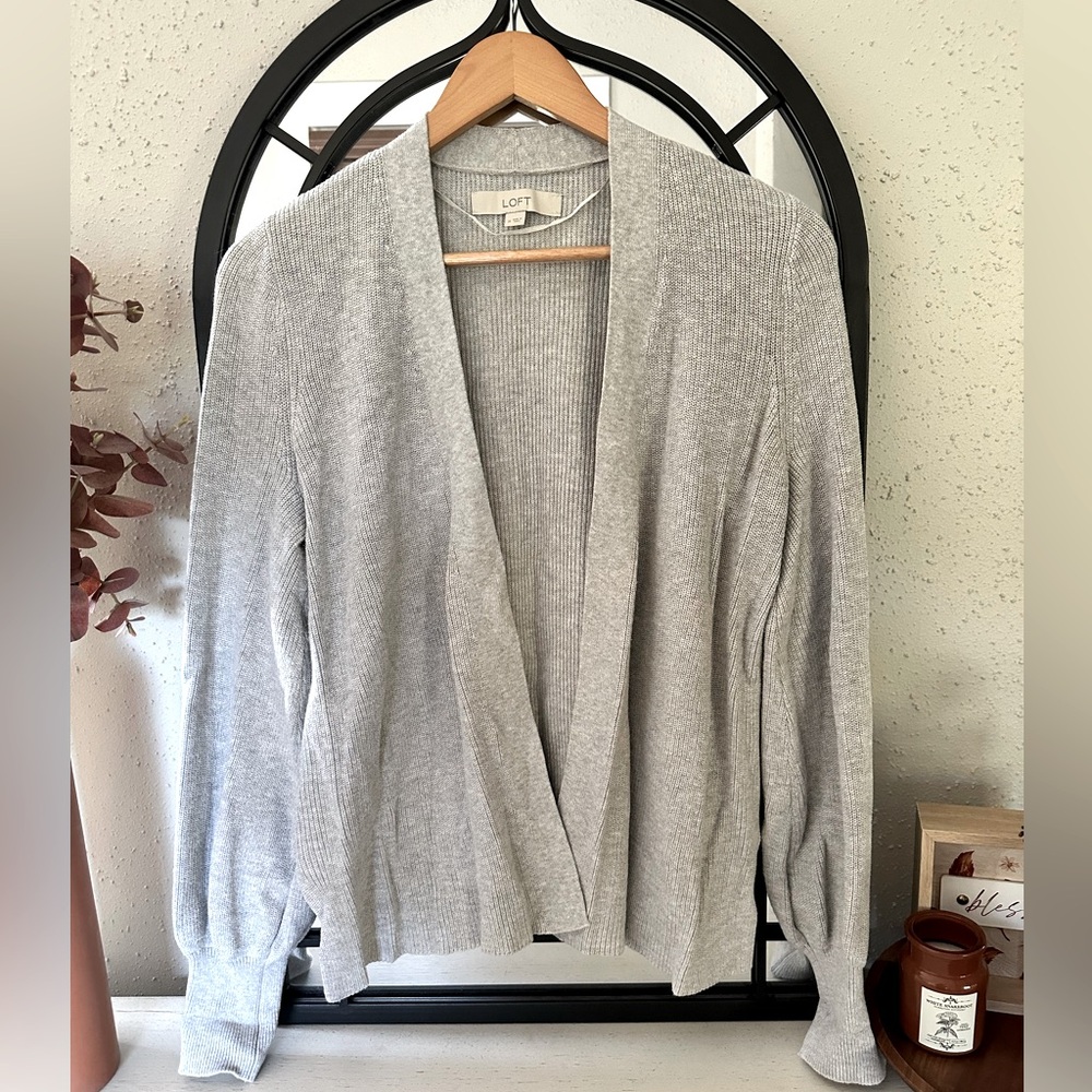 LOFT Light Gray Open Front Ribbed Cardigan - Picture 1 of 9